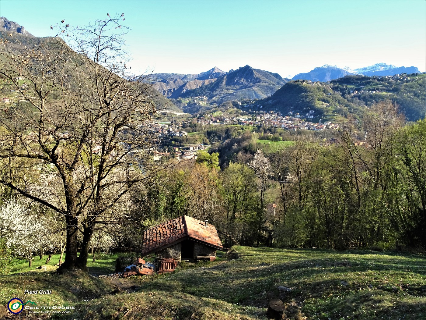 24 Dall'alto il baitello 'Ferrari' accanto ad un secolare castagno con bella vista verso Alben, Pizzo di Spino e Monte Gioco.JPG